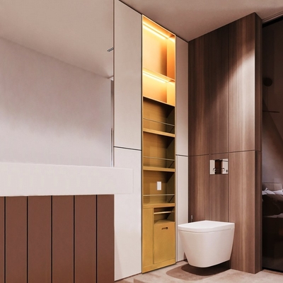 Nicho de ducha de baño de diseño moderno con acabado de superficie cepillada y luz LED