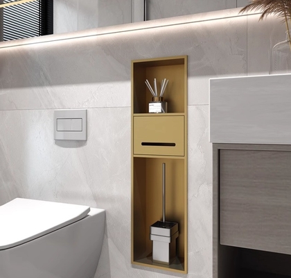 Nicho de baño de superficie de oro cepillado para baño estrecho impermeable y montado con chorro